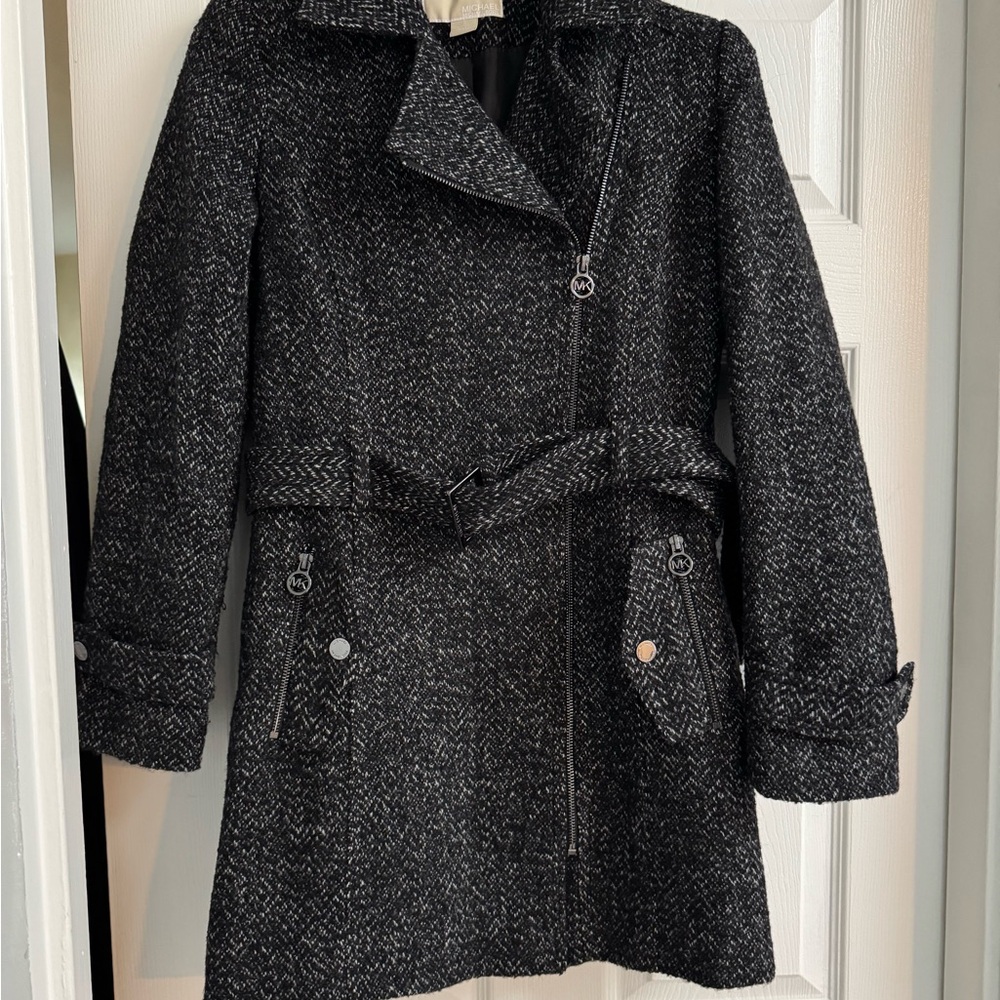 Michael Kors Belted Wool-Blend Coat – Black/White Tweed